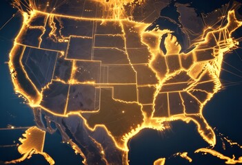 Digital map of USA, concept of North America global network and connectivity, data transfer and cyber technology, information exchange and telecommunication