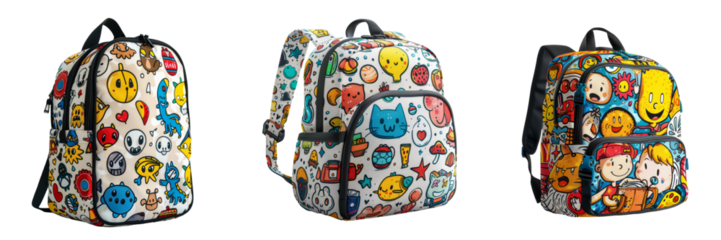 Classic School Bag with Cartoon Characters Set Isolated on Transparent or White Background, PNG