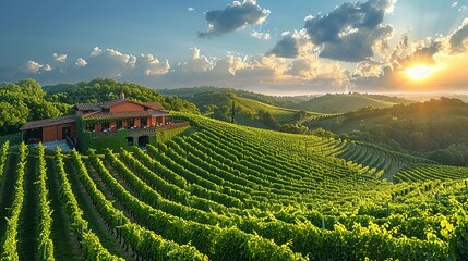 A picturesque vineyard nestled in the rolling hills, with neat rows of grapevines stretching towards the horizon and a rustic tasting room offering samples of fine wines. Illustration, Minimalism,