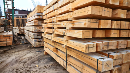 Piles of stacked lumber are neatly arranged in timber yard, ready for construction or woodworking projects. The natural grain and texture of the wood, symbolizing industry and craftsmanship