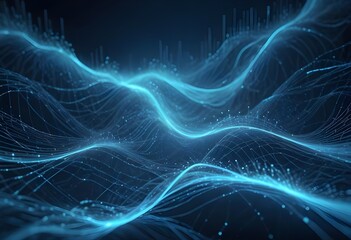 Abstract blue tech background with digital waves, dynamic network system, artificial neural connections, cyber quantum computing and electronic global.