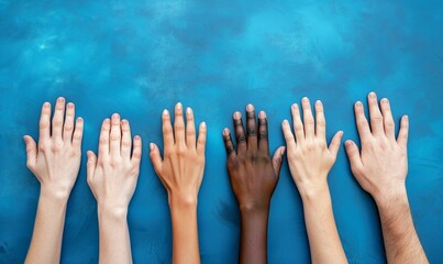 horizontal image, top view of diverse hands. Concept for Day for the Elimination of Racial Discrimination, banner, design, presentation, social media, LinkedIn. Copy space for text, blue background