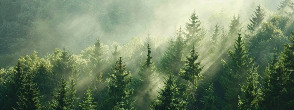 horizontal image, top view on sunlight through the trees. Nature green background. For wallpaper, banner, design, linkedin, business, blog, youtube, card, poster, world environment day