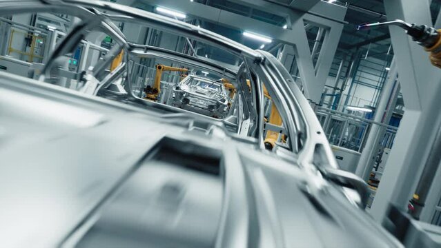 Dynamic Aerial Flyover Through Autonomous Factory with Robotic Arms Autonomously Assembling Car Frames Factory. AI, Precision Production and Manufacturing of Electric Vehicles. Cinematic Camera Angle