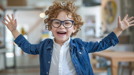 horizontal image, front view, happy red-haired schoolkid boy.  classroom background. Back to school concept. For banner, design,social media, 