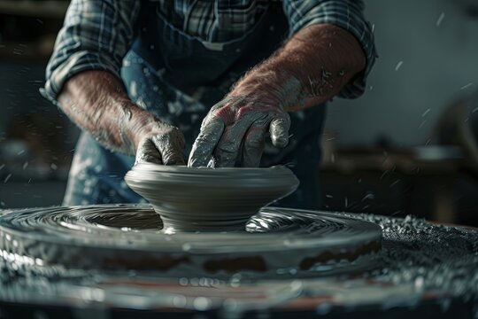 Close-up of a potters hands shaping clay on a pottery wheel, with the wheel spinning in the background. Generative AI