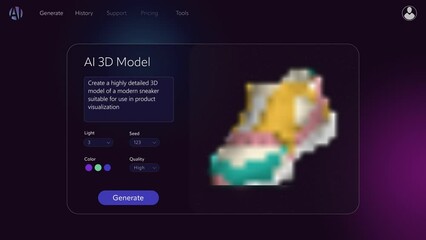 Concept of AI Chatbot Interface Generate a Detailed 3D Model of a Stylish Sneaker, Advanced Design for Product Visualization, Production. Text to Picture Ecommerce, Creative Digital Fashion Industry - Powered by Adobe