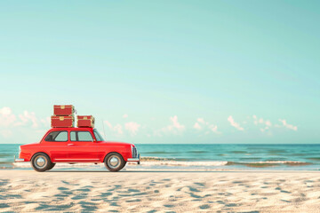 Summer time and red car on beach with few suitcase.
