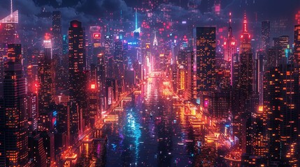 Fototapeta premium Vibrant cityscape at night, with towering skyscrapers illuminated by a myriad of colorful lights, reflecting off the bustling streets below. Illustration, Minimalism,