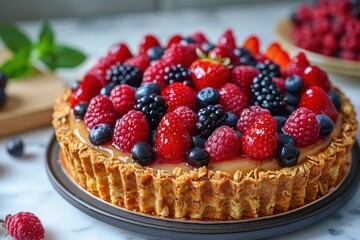 A fresh fruit tart with a crust made from oats and nuts, topped with a variety of berries and a light glaze. 