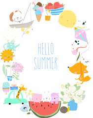 Cute Cartoon Wreath with Animals meeting Summer. Vector Illustration