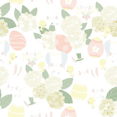Vector Seamless Pattern with Cute Easter Bunnies, Easter Eggs anf Hydrangea