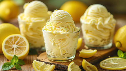 A closeup of the lemon ice cream in small glasses, showcasing its bright yellow color and creamy...
