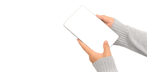 Hand holding smartphone device and touching screen