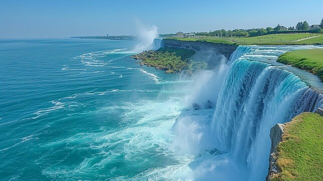 The majestic Niagara Falls, with cascading waters thundering down into the mist below, creating a mesmerizing display of natural beauty and power. Illustration, Minimalism,