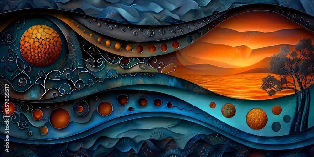 Wall mural abstract surreal illustration of a sunset ocean landscape in warm and cold colors