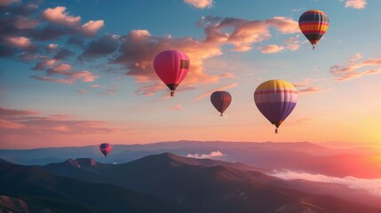 Fototapeta premium picture of hot air balloons floating over the mountains at sunrise, copy and text space, 16:9