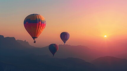 Fototapeta premium picture of hot air balloons floating over the mountains at sunrise, copy and text space, 16:9