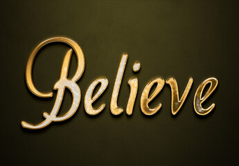 Old gold text effect of word Believe with 3D glossy style Mockup.