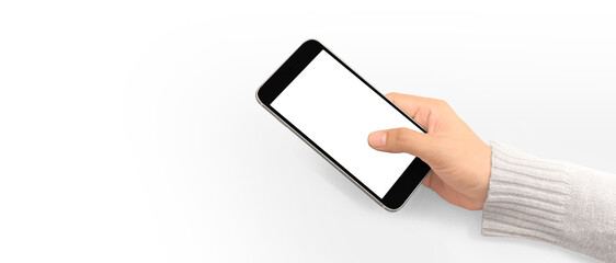 Hand holding smartphone device and touching screen