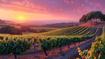 Naklejka premium A tranquil vineyard at sunset, with rows of grapevines stretching towards the horizon and the warm glow of the evening sun bathing the landscape in golden light. Illustration, Minimalism,