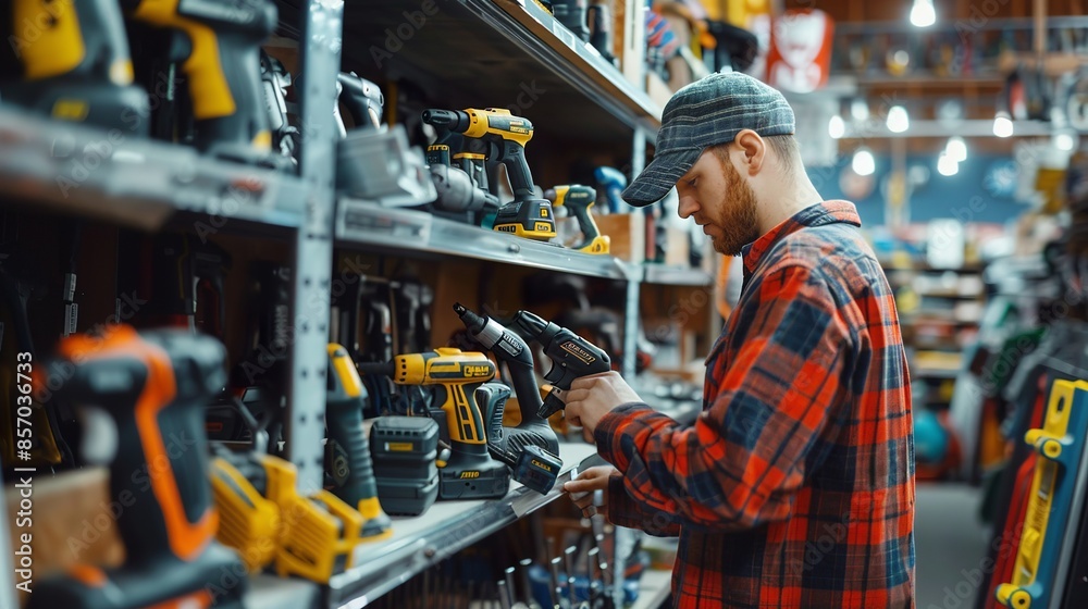 Wall mural Shot of man inspecting power tools on a pawn shop display shelf