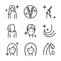 Hair straightener icons set for hair care treatment and beauty or woman salon, outline vector. Hair straightener appliance for female haircut straightening and haircare cosmetic treatment symbols