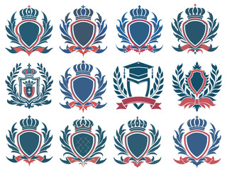 Set of royal academy logo college adn school logo, Blazon different crown shield, ribbon wing and laurel wreath for coat of arms royal knight shields or emblems luxury vector