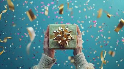 Hands holding a gift box with a golden bow surrounded by shiny confetti, wallpaper for Valentine's Day and birthdays. Festive blue background