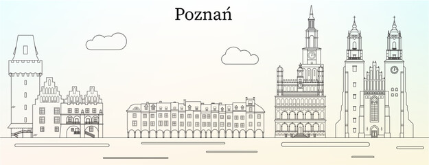 Poznan city skyline with main landmarks - line art vector illustration