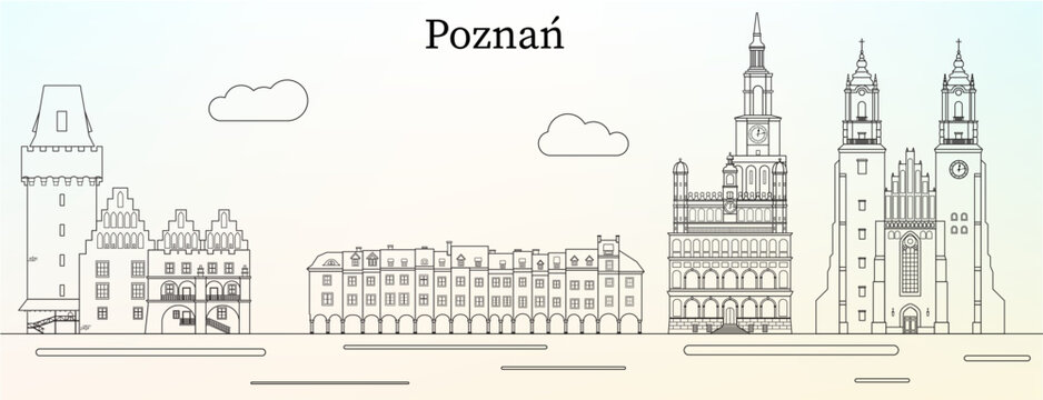 Poznan city skyline with main landmarks - line art vector illustration