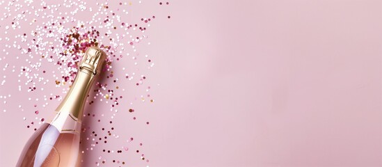 Champagne bottle with pink gold confetti on a pink pastel background with copyspace, banner for weddings, bachelorette parties, gender reveal, birthday