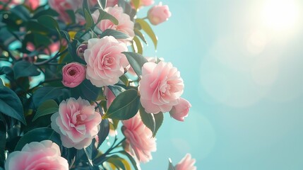 Fototapeta premium pink rose flowers in the field under blue sky background copy space for text