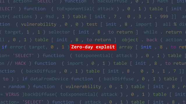 zero-day exploit cyber attack text in foreground screen of code editor developer studio point of vue. Vulnerability text in binary system ascii. Text in English, English text