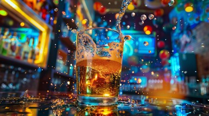 Beer pouring into glass at colorful night club