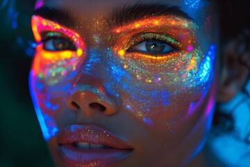 Close Up Portrait of Woman With Neon Face Paint at Night
