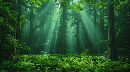Obraz premium Towering redwood forests reaching for the sky, their ancient trunks cloaked in moss and ferns, shafts of sunlight filtering through the dense canopy, creating an ethereal atmosphere. Illustration,