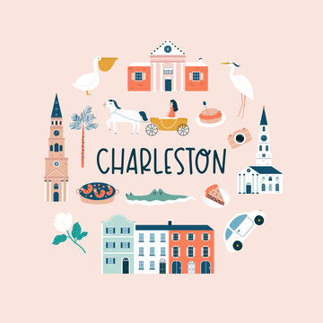 Charleston hand drawn poster, decoration with famous symbols and landmarks of city
