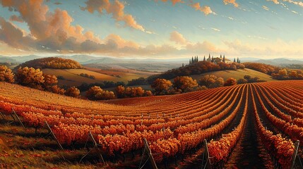 Rolling vineyards stretching across the countryside, orderly rows of grapevines marching towards the horizon, the golden hues of autumn painting the landscape in warmth and richness. Illustration,