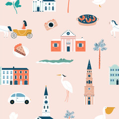 Obraz premium Seamless pattern with famous symbols and landmarks of Charleston, South Carolina