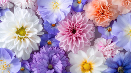 Fototapeta premium Close-up floral background, pattern with top view of different flowers in pastel colors. 