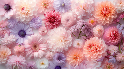 Close-up floral background, pattern with top view of different flowers in pastel colors. 