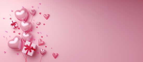 Pink heart-shaped balloons with gifts and confetti on a pink background with copyspace, composition for romantic celebrations, Valentine's Day, anniversary