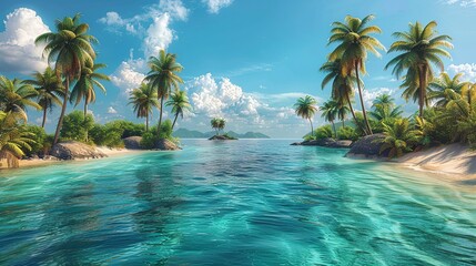 Fototapeta premium Remote islands fringed by palm trees, their sandy shores lapped by turquoise waters, a tropical paradise perfect for any exotic getaway. Illustration, Minimalism,