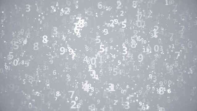 Flying Numbers. Floating Digits and Particles on a White Background. Looped video.
