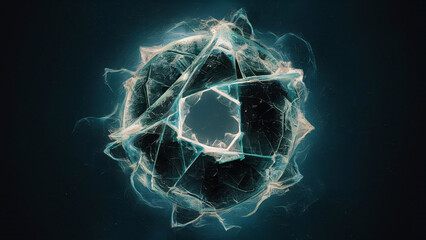 A mesmerizing abstract digital masterpiece featuring a shattered, exuding an enigmatic aura. The circular elements, scattered acrossthe unassuming background