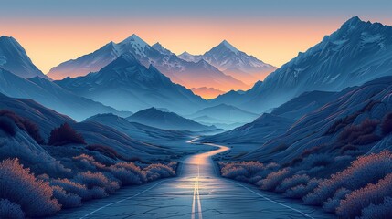 Remote mountain passes winding through rugged terrain, their breathtaking vistas offering a sense of adventure and exploration, a journey into the unknown. Illustration, Minimalism,
