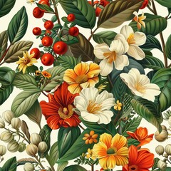 Colorful floral pattern with various flowers and leaves, ideal for botanical and nature-themed designs.