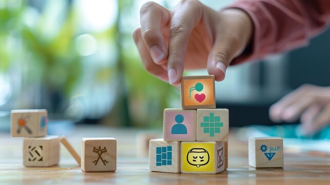 Soft skills HR concept. Hand puts wooden cubes with icons of soft skills, emotional intelligence, creativity, collaboration, adaptability, decision making and analytical thinking