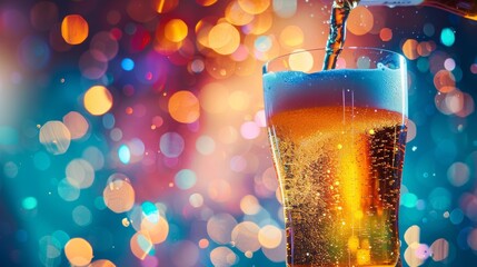 Beer pouring into glass at colorful night club